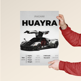 Dripster Pagani Huayra poster featuring a detailed image of the car with specs and red interior